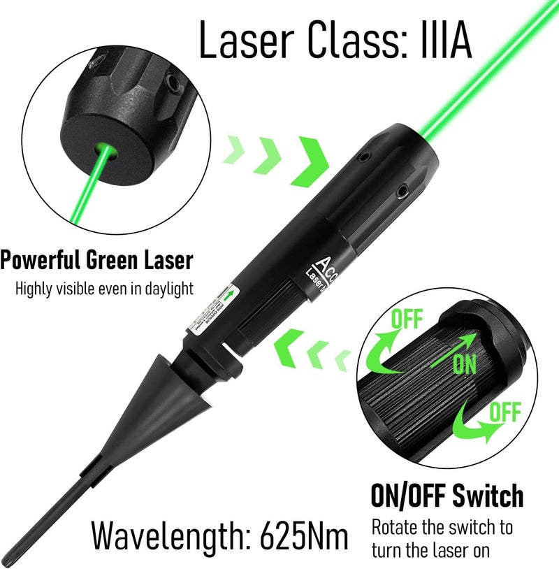SUGOOE Professional Laser Bore Sight Kit, Green Bore Sighter with 32 Adapters fit .17 to 12GA Calibers, Powerful Support for Hunting - Image 4